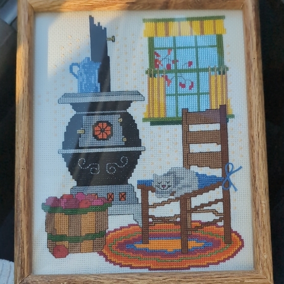 Other - Framed Cross-Stitch Art with Cat and Stove